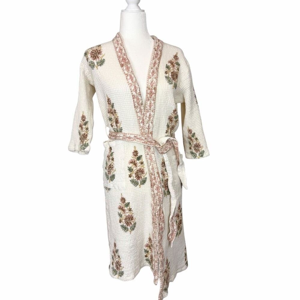 Vintage Cream Floral Waffle Robe with tie belt light pink floral design pockets
